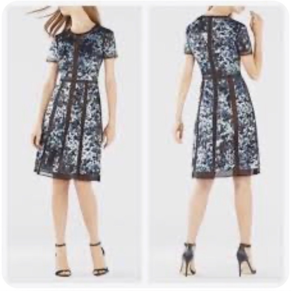 BCBGMaxAzria Black-Trim Blue Pattern Midi Dress